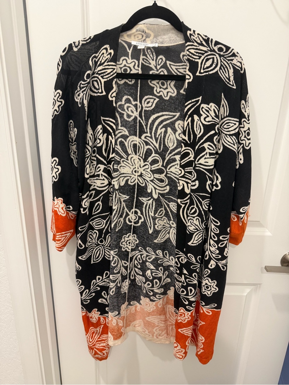 Chico's Black & Cream Floral Open Cardigan with Orange Trim
